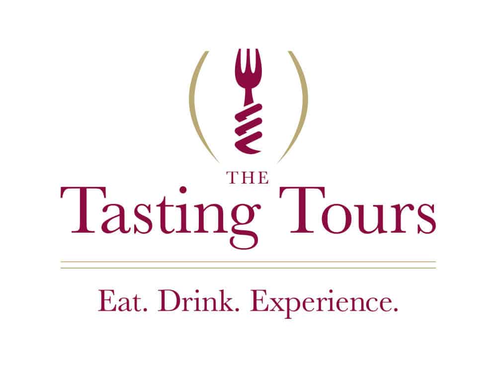 Logo for "The Tasting Tours": a fork and corkscrew icon above the company name and "Eat. Drink. Experience." slogan.