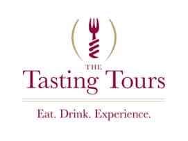 Logo for The Tasting Tours featuring a fork/corkscrew icon and the slogan "Eat. Drink. Experience." on white.