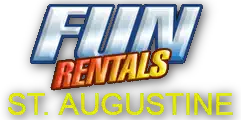 A logo reading "FUN RENTALS" in stylized metallic and fiery text, with "ST. AUGUSTINE" in yellow below on black.