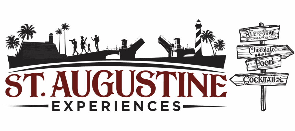 Logo for "St. Augustine Experiences" featuring local landmarks, a drawbridge, and a wooden signpost with tour categories.