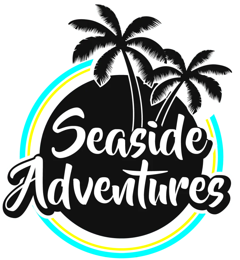 The text "Seaside Adventures" is overlaid on a black circle with two palm trees, surrounded by a cyan and yellow ring.