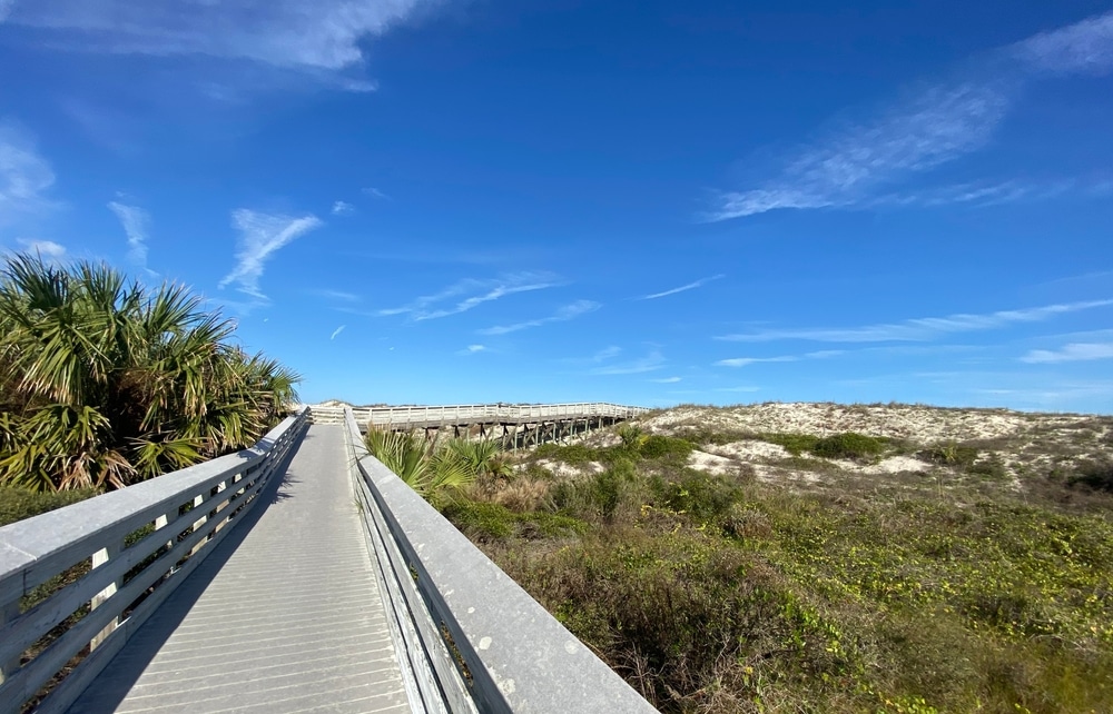 A wooden boardwalk leads through sand dunes and coastal vegetation under a bright blue sky with wispy clouds.