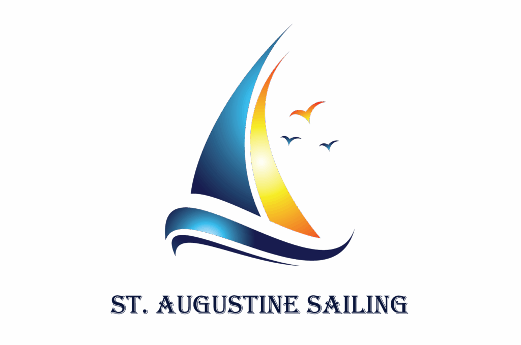 Logo for St. Augustine Sailing featuring a stylized sailboat and birds, with the company name written below.
