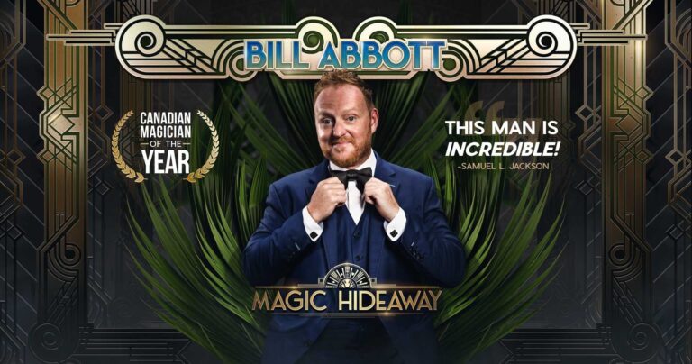 Promotional poster for Bill Abbott, "Canadian Magician of the Year," featuring him in a suit for his "Magic Hideaway."