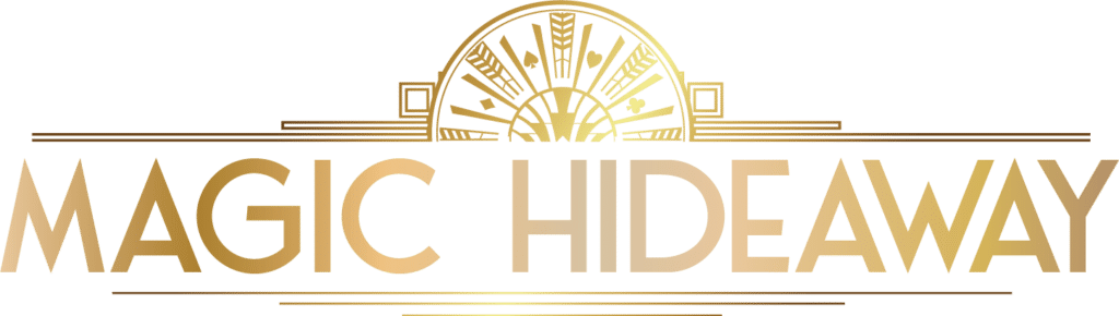 Gold-colored Art Deco logo with the text "MAGIC HIDEAWAY" beneath a decorative sunburst semi-circle.