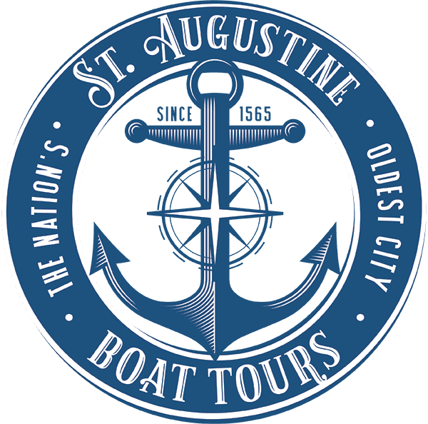 A blue and white circular logo for St. Augustine Boat Tours featuring an anchor, a compass rose, and "Since 1565."