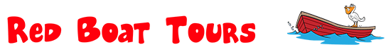 The text "Red Boat Tours" in red font next to an illustration of a bird standing in a red boat on blue water.